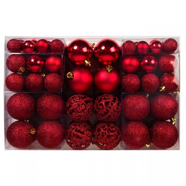 100 τμχ Μπάλες χριστουγεννιάτικες γυαλιστερές, ανάγλυφες , Glitter , ματ, Κόκκινες.3-4-6 cm 1970111 OEM