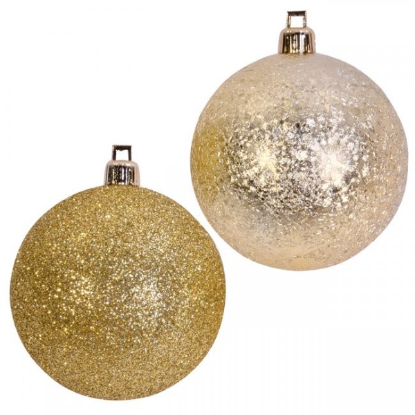 12 τμχ Σετ Χριστουγεννιάτικες Μπάλες Χρυσές Glitter Σαμπανί Κρακελέ 7 cm