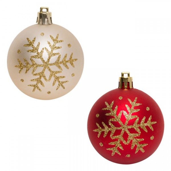 6 τμχ Σετ Χριστουγεννιάτικες Μπάλες Κόκκινες Σαμπανί Glitter Νιφάδες 6 cm