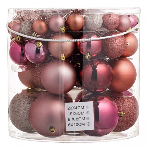 54 τμχ Σετ Χριστουγεννιάτικες Μπάλες Ροζ Χρυσό Ροδί Ματ Γυαλιστερές Glitter 4-6-8-10 cm & Τρέσα