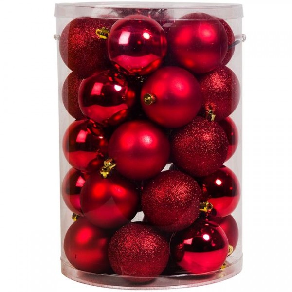 30 τμχ Σετ Χριστουγεννιάτικες Μπάλες Κόκκινες Ματ Γυαλιστερές Glitter 7 cm
