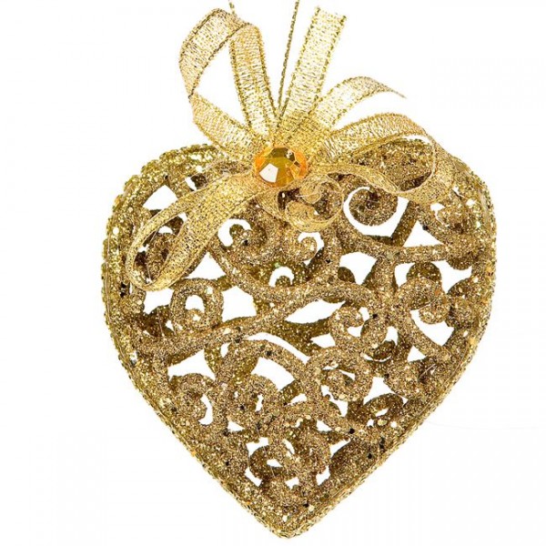 6 τμχ Σετ Χριστουγεννιάτικα Στολίδια Καρδιές Διάτρητες Χρυσό Glitter Φιόγκος 6 cm